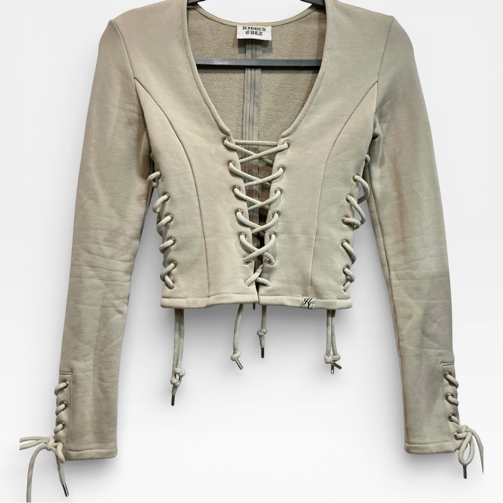 HIDDEN CULT Wynn Lace Up Tan Long Sleeve Cropped Top Size Small